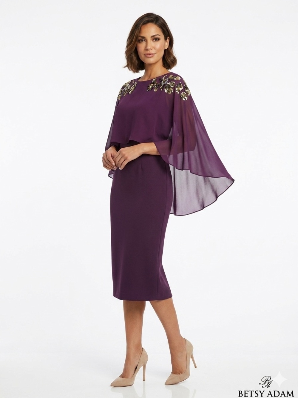 Betsy & Adam Embellished Cape Sheath Dress Size 6